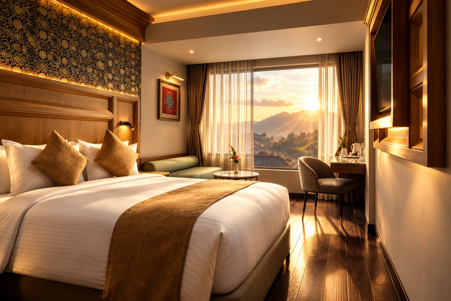 Otel odası, dağ manzaralı gün batımı sahnesine dönüştürüldü