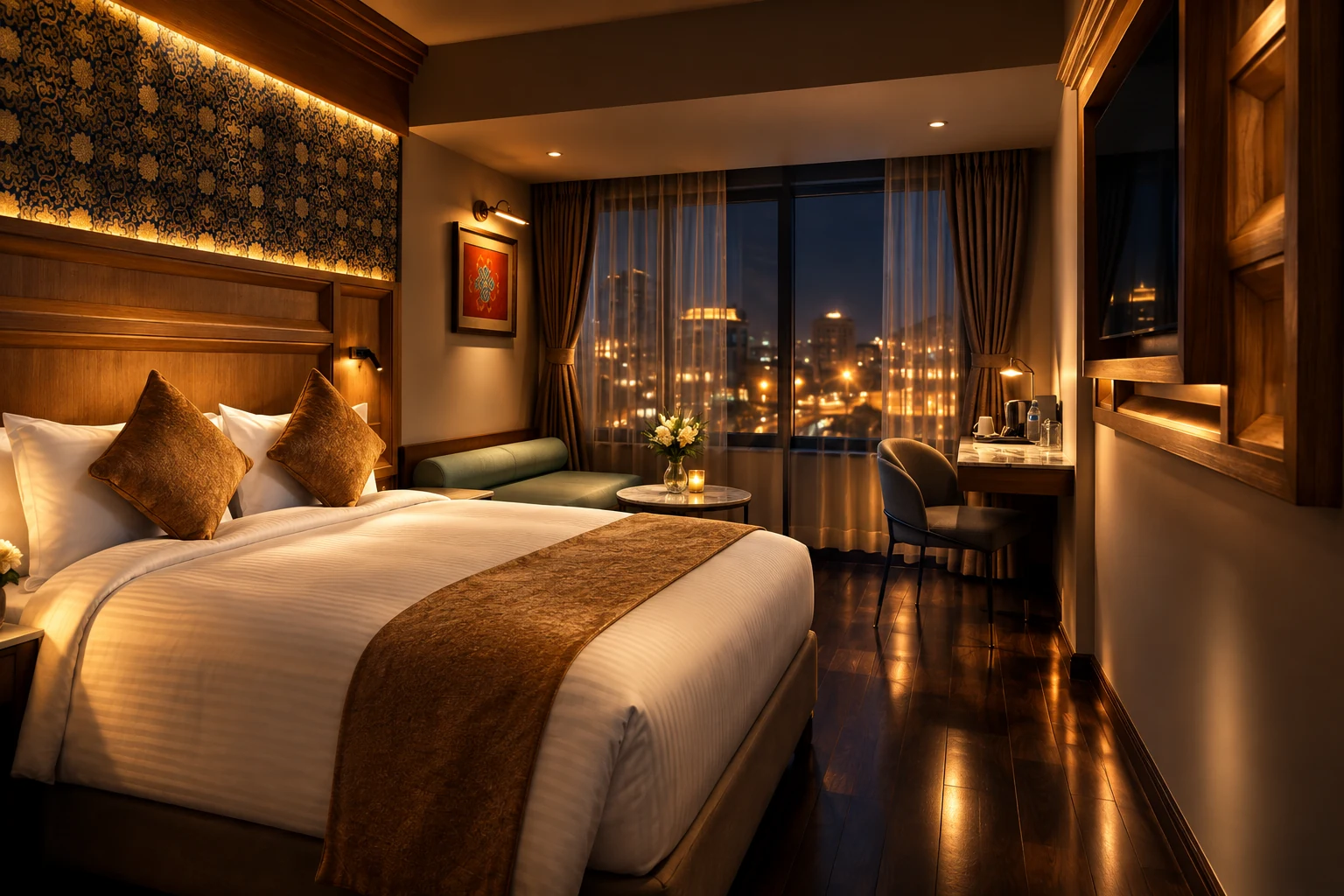 Otel odası, gece şehir manzarası sahnesine dönüştürüldü