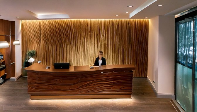 Resepsiyon ve lounge alanı, hinterleuchtete dalga duvar paneli ile